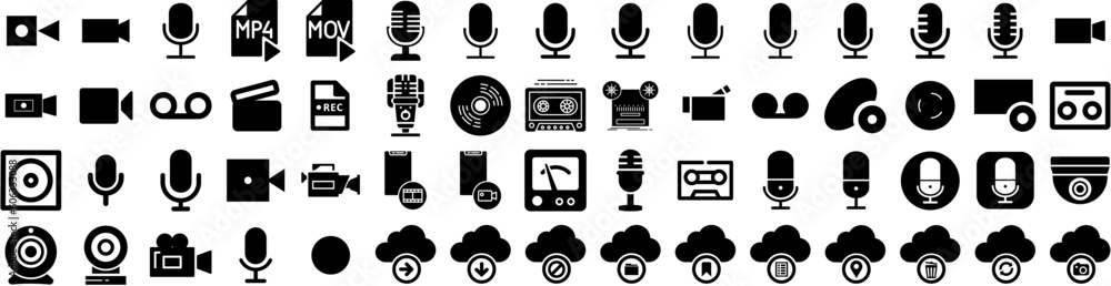 Set Of Recording Icons Isolated Silhouette Solid Icon With Audio, Media, Studio, Technology, Record, Music, Sound Infographic Simple Vector Illustration Logo Set Of Recording Icons Isolated Silhouette Solid Icon With Audio, Media, Studio, Technology, Record, Music, Sound Infographic Simple Vector Illustration Logo