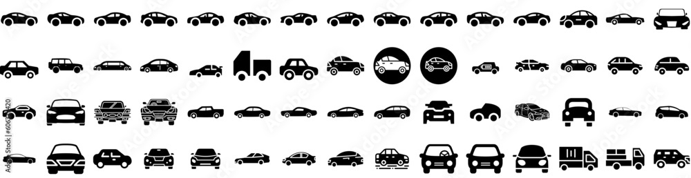 Set Of Sedan Icons Isolated Silhouette Solid Icon With Transportation, Car, Auto, Automobile, Sedan, Transport, Vehicle Infographic Simple Vector Illustration Logo