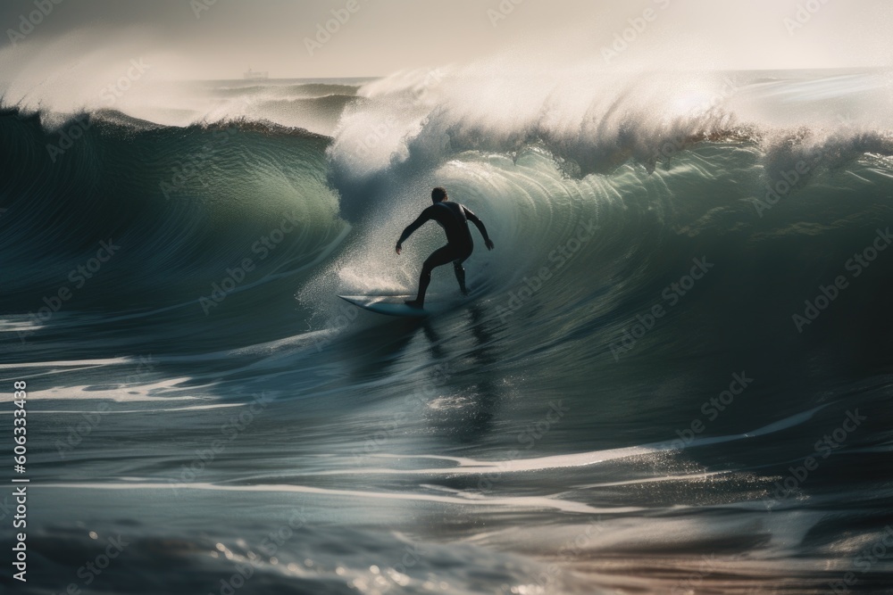 person, riding the waves on a surfboard, created with generative ai