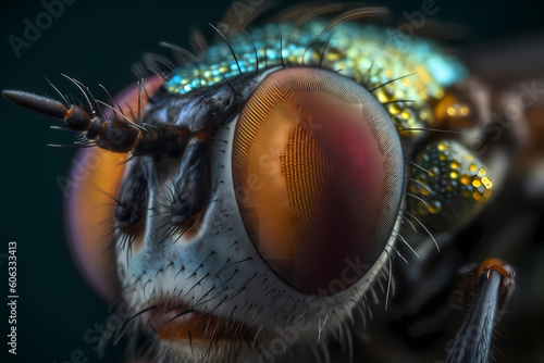 a close up view of a fly face with bright colored eyes on a dark background