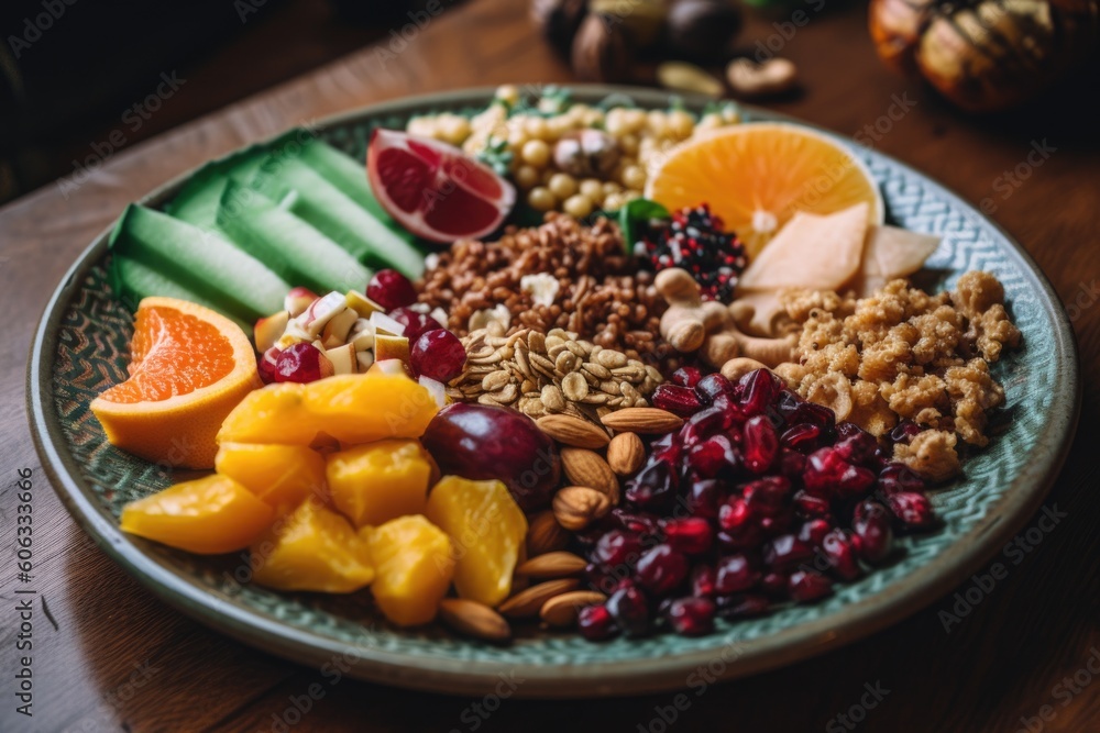 a plate of nutritious and delicious zero-waste meal, with fruits, vegetables, grains & nuts, created with generative ai a plate of nutritious and delicious zero-waste meal, with fruits, vegetables, grains & nuts, created with generative ai