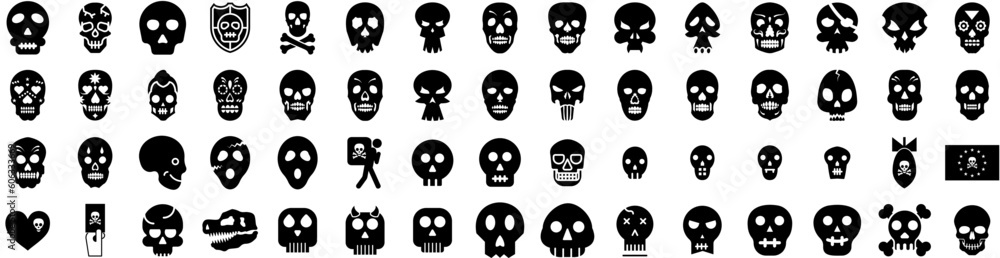 Set Of Skull Icons Isolated Silhouette Solid Icon With Human, Bone, Skull, Dead, Horror, Skeleton, Death Infographic Simple Vector Illustration Logo
