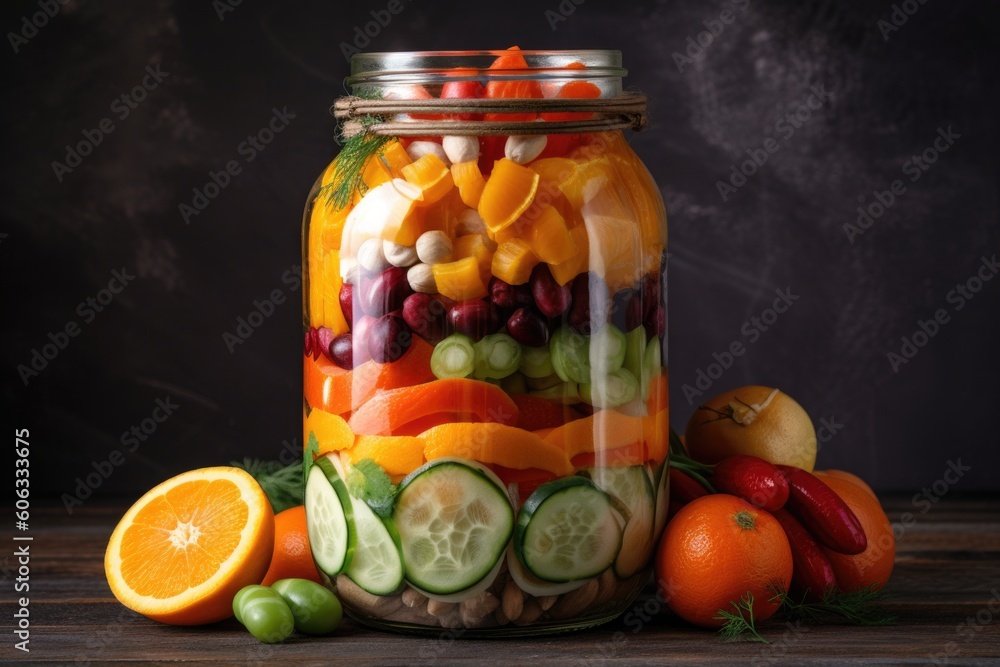 stacked jar filled with colorful variety of fresh fruits and vegetables, created with generative ai stacked jar filled with colorful variety of fresh fruits and vegetables, created with generative ai