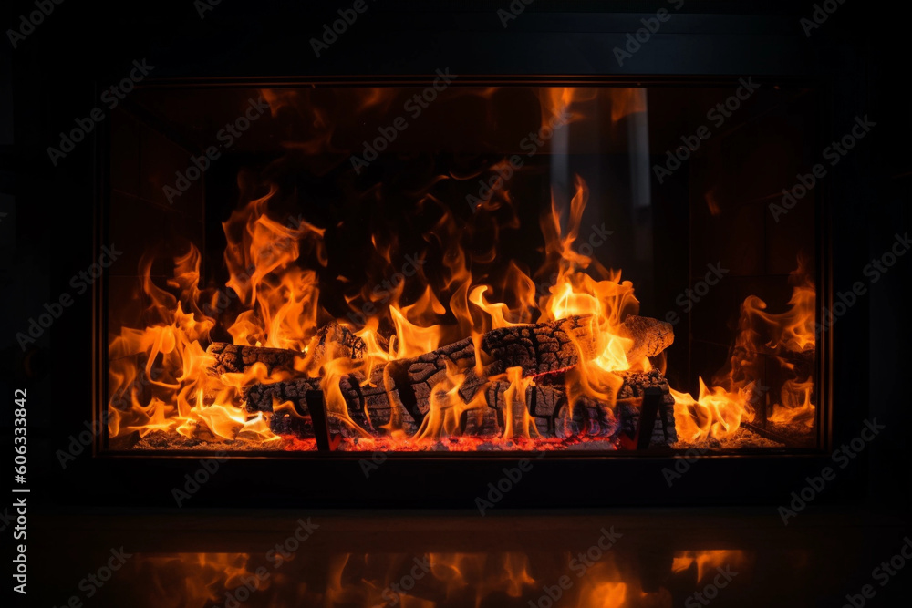 a flame from a fireplace with coal burning in it