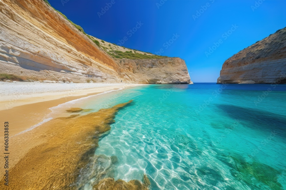 paradise beach with clear blue waters and vibrant turquoise cliffs in the background, created with generative ai