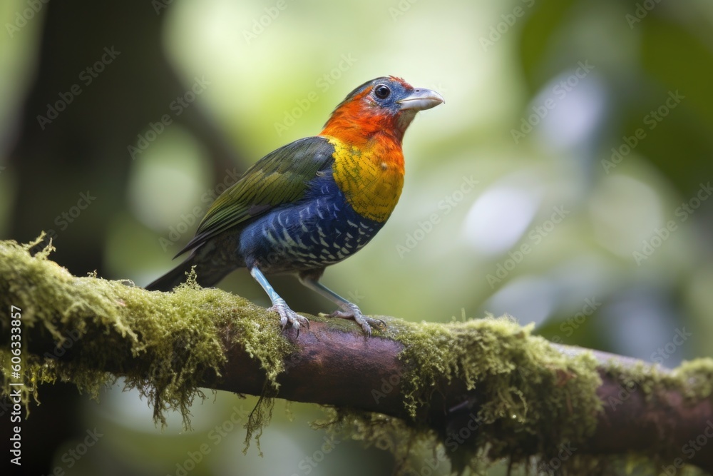 colorful bird perched on tree branch, with view of forest canopy, created with generative ai