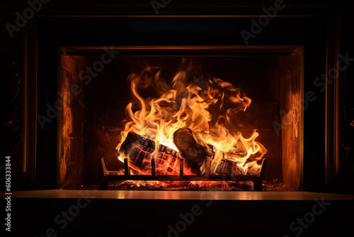 a fireplace with logs near the flames