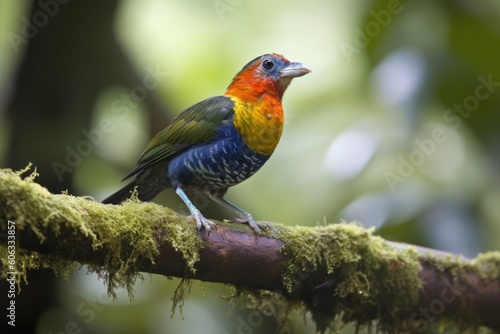 colorful bird perched on tree branch, with view of forest canopy, created with generative ai
