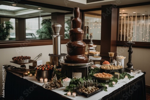 wedding reception with chocolate fountain and fondue station, perfect for dessert or sweet treat, created with generative ai