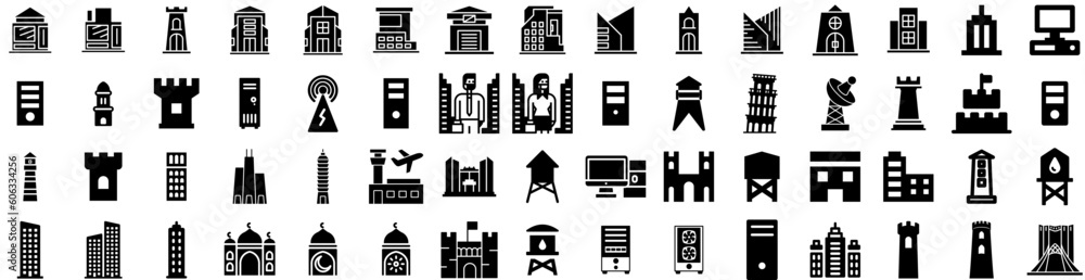 Set Of Tower Icons Isolated Silhouette Solid Icon With Architecture, Travel, Tower, Tourism, Europe, Landmark, Famous Infographic Simple Vector Illustration Logo