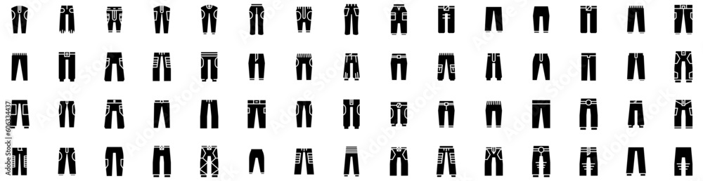 Fototapeta premium Set Of Trousers Icons Isolated Silhouette Solid Icon With Garment, Wear, Fashion, Style, Clothing, Trousers, Pants Infographic Simple Vector Illustration Logo