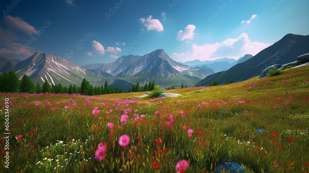 a mountain area with colorful flowers