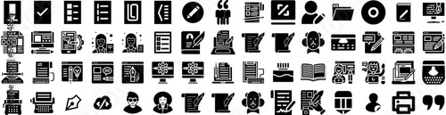 Set Of Writer Icons Isolated Silhouette Solid Icon With Concept, Business, Writer, Journalist, Author, Paper, Book Infographic Simple Vector Illustration Logo