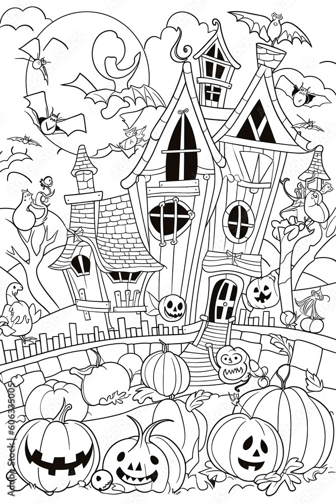 ハロウィンのカボチャとオバケとお城の塗り絵 Generative AI ハロウィンのカボチャとオバケとお城の塗り絵 Generative AI