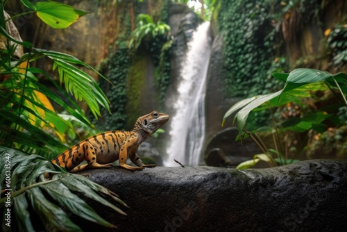 exotic pet with view of towering waterfall  cascading water  created with generative ai
