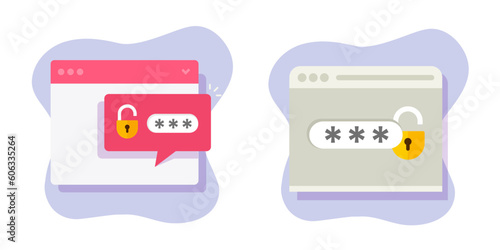 Computer password code request for private data online icon flat vector graphic, pc laptop with 2fa digital verification with lock padlock secure tech, id authentication permission access image