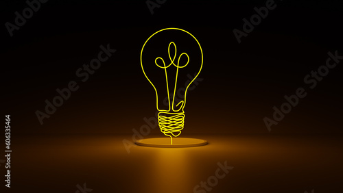 Yellow light bulb. Neon glow out of pipe or tunnel. wire of continuous one line idea light bulb.