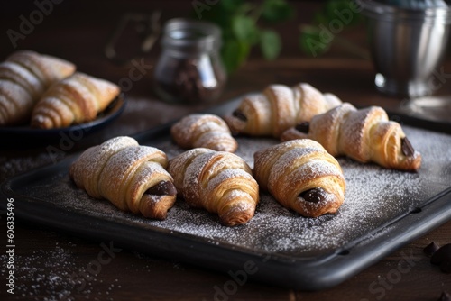 mini croissants, stuffed with chocolate or fruit and dusted with powdered sugar, created with generative ai