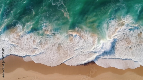 an aerial view of crashing waves on a beach