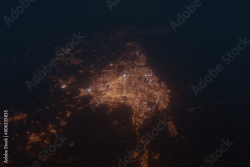 Aerial shot on Tehran (Iran) at night, view from east. Imitation of satellite view on modern city with street lights and glow effect. 3d render