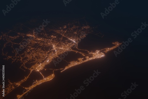 Aerial shot of Atlantic City (New Jersey, USA) at night, view from south. Imitation of satellite view on modern city with street lights and glow effect. 3d render