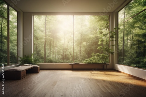 minimalist room, with view of lush greenery and sunlight streaming in through the windows, created with generative ai