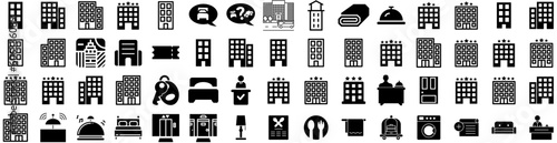 Set Of Hotel Icons Isolated Silhouette Solid Icon With Bed, Room, Vacation, Hotel, Service, Woman, Travel Infographic Simple Vector Illustration Logo