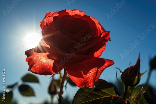 red rose blooming in a splash of warm sunlight against blue sky, created with generative ai