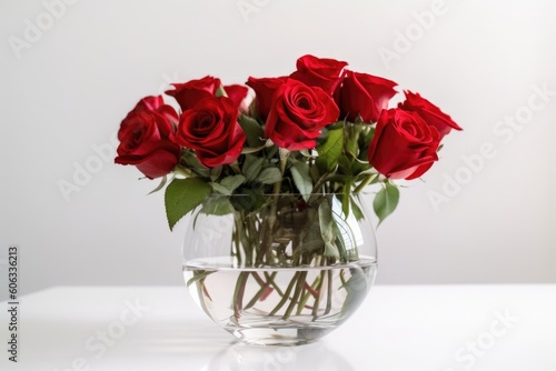 red roses in clear vase on white background, created with generative ai