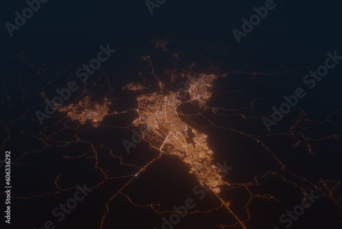 Aerial shot on Barquisimeto (Venezuela) at night, view from west. Imitation of satellite view on modern city with street lights and glow effect. 3d render
