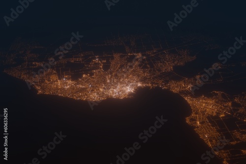 Aerial shot on Odessa (Ukraine) at night, view from east. Imitation of satellite view on modern city with street lights and glow effect. 3d render