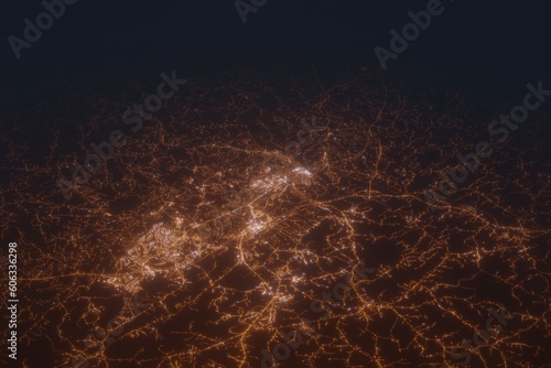 Aerial shot of Lynchburg (Virginia, USA) at night, view from south. Imitation of satellite view on modern city with street lights and glow effect. 3d render