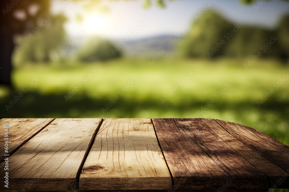 Wooden Table For Picinic, Green Nature Grass And Trees Background - Generative AI Wooden Table For Picinic, Green Nature Grass And Trees Background - Generative AI