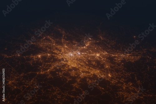 Aerial shot on Birmingham (Alabama, USA) at night, view from west. Imitation of satellite view on modern city with street lights and glow effect. 3d render