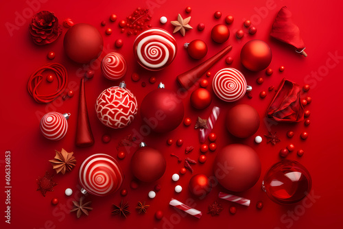 christmas decorations arranged on a red background