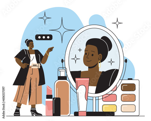 Make up artist concept. Woman stands near mirror with lipstick and powder, cosmetics. Skin care and health. Beauty and aesthetics, elegance. Beauty salon worker. Cartoon flat vector illustration