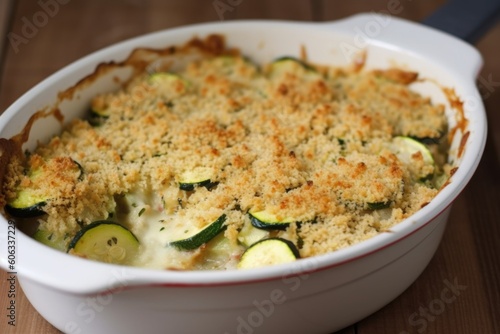 zucchini and cheese casserole, topped with breadcrumbs, created with generative ai