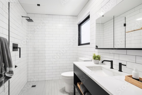 decluttered bathroom with white tiles  sleek fixtures  and minimalist decor  created with generative ai