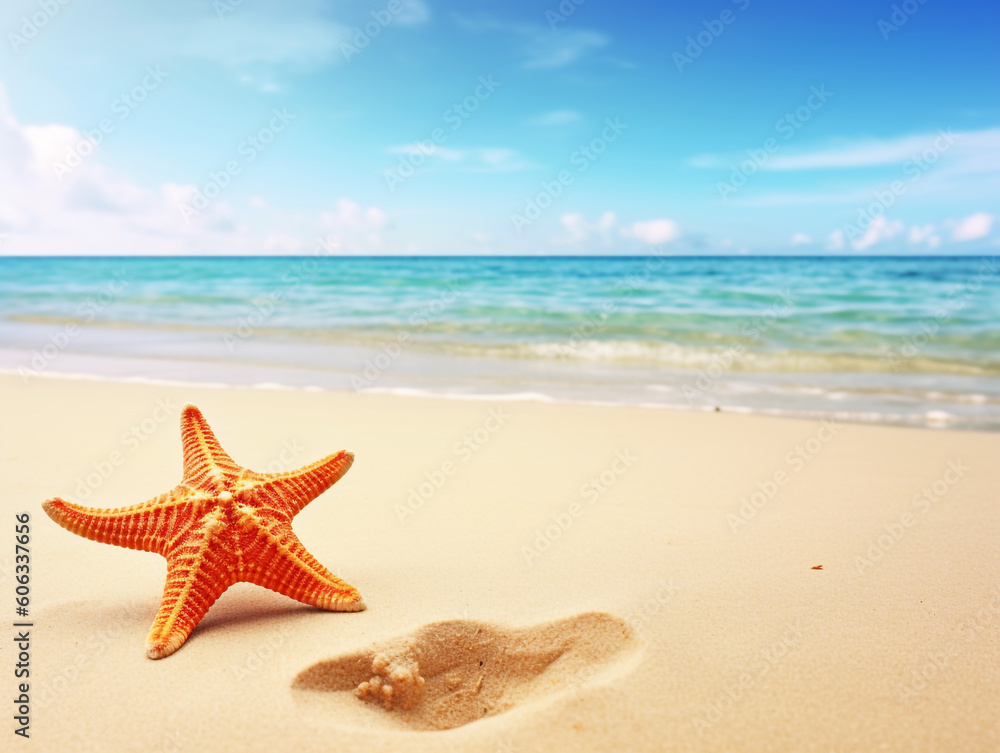 Tropical beach with sea star on sand 