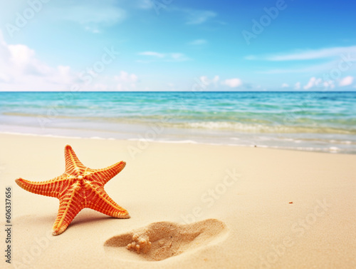 Tropical beach with sea star on sand 