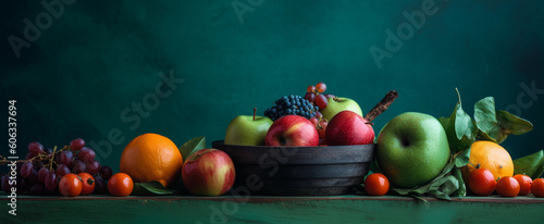 colorful fruits sitting in an upside down bowl on green background