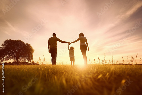 family holding hands and walking in field at sunset