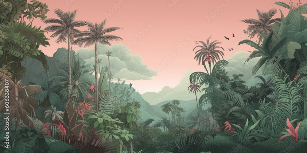 Naklejka premium Tropical jungle with pastel sky 
