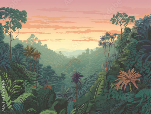 Tropical jungle with pastel sky 