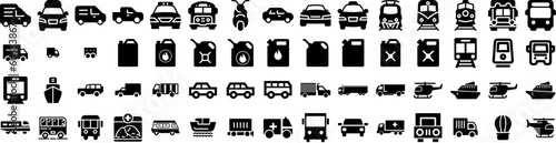 Set Of Transport Icons Isolated Silhouette Solid Icon With Cargo, Transportation, Traffic, Truck, Transport, Ship, Plane Infographic Simple Vector Illustration Logo