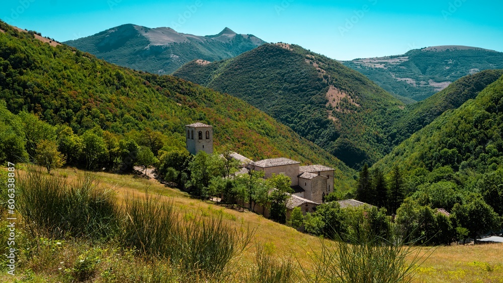 View of the Fonte Avellana Monastery in the Apennines mountains of the Marche region of Italy