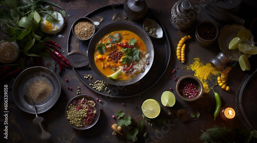 indian food - a bowl of curry with various ingredients on a black background