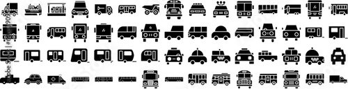 Set Of Vehicle Icons Isolated Silhouette Solid Icon With Battery, Car, Technology, Auto, Power, Vehicle, Transport Infographic Simple Vector Illustration Logo