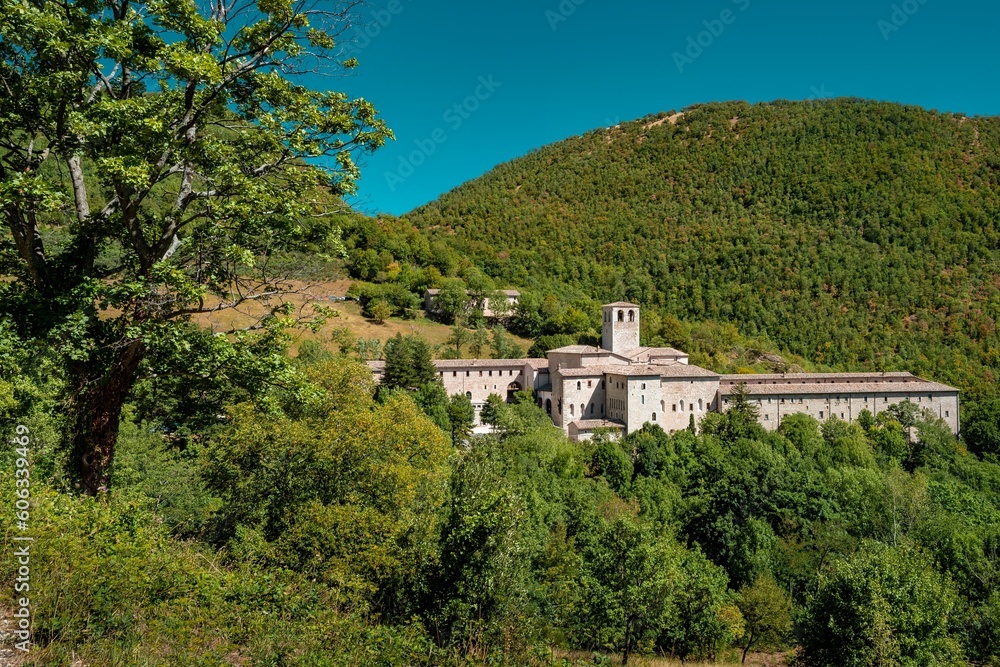 View of the Fonte Avellana Monastery in the Apennines mountains of the Marche region of Italy
