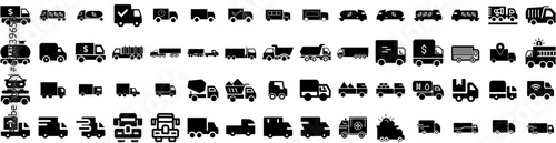 Set Of Truck Icons Isolated Silhouette Solid Icon With Delivery, Freight, Transportation, Shipping, Cargo, Transport, Truck Infographic Simple Vector Illustration Logo